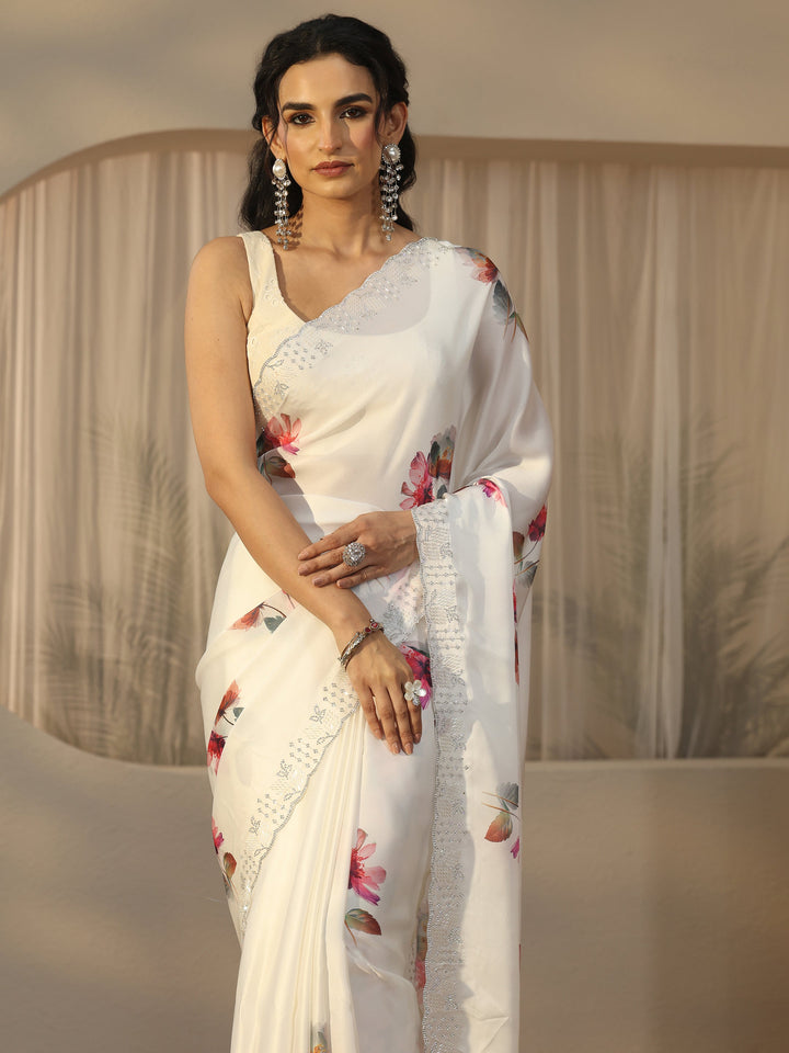 Libas Cream Floral Printed Satin Saree with Embellished Border