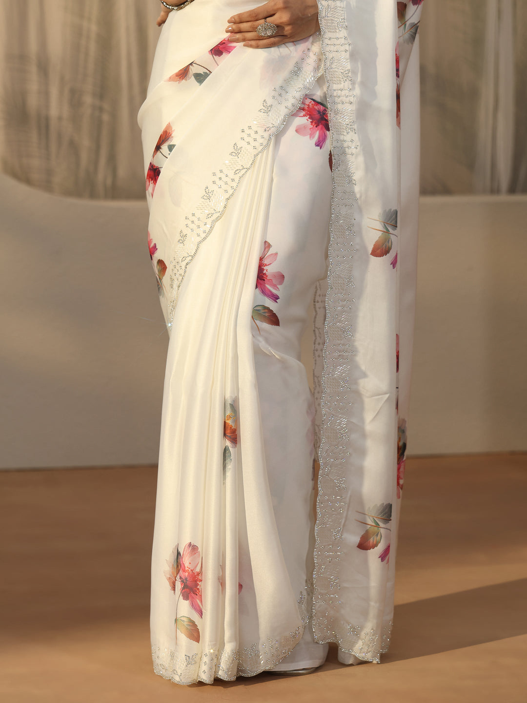 Libas Cream Floral Printed Satin Saree with Embellished Border