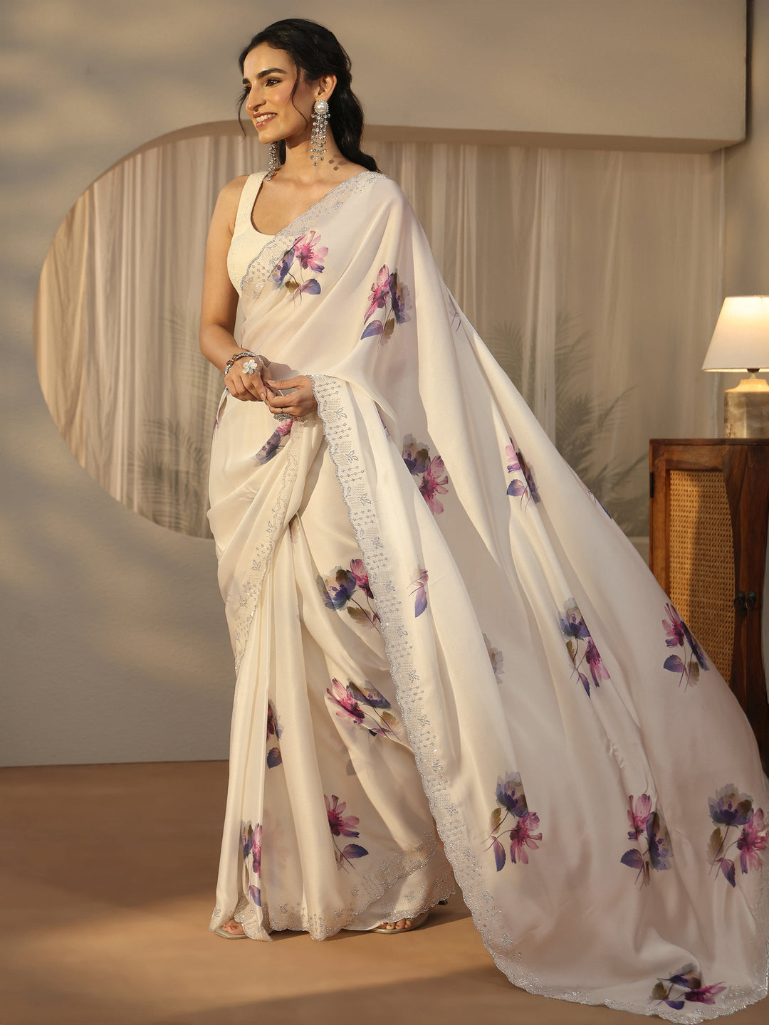 Libas Cream Floral Printed Satin Saree with Embellished Border