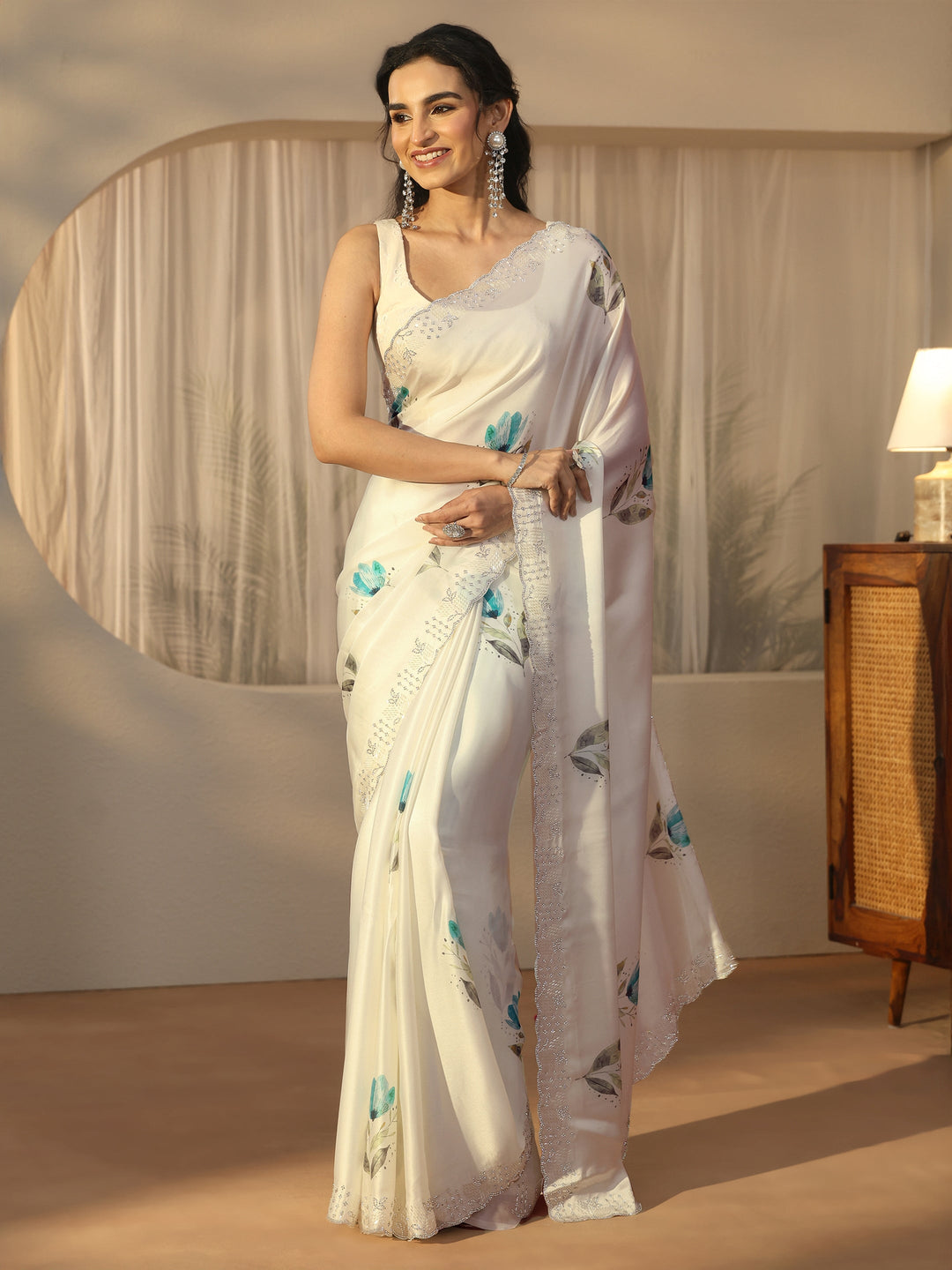 Libas Cream Floral Printed Satin Saree with Embellished Border