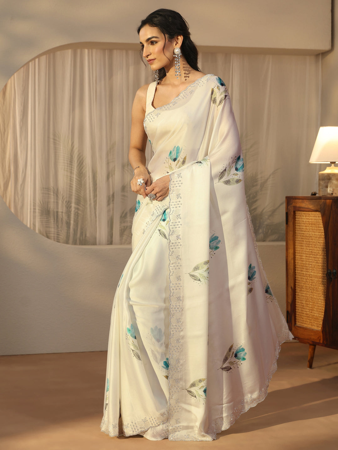 Libas Cream Floral Printed Satin Saree with Embellished Border