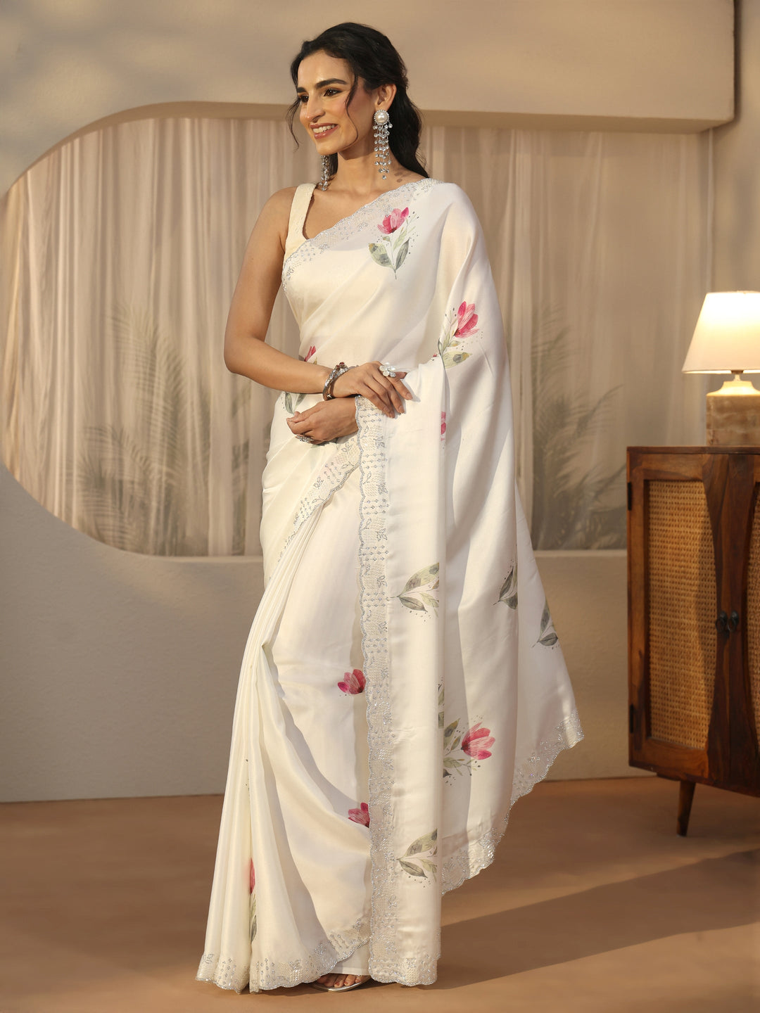 Libas Cream Floral Printed Satin Saree with Embellished Border