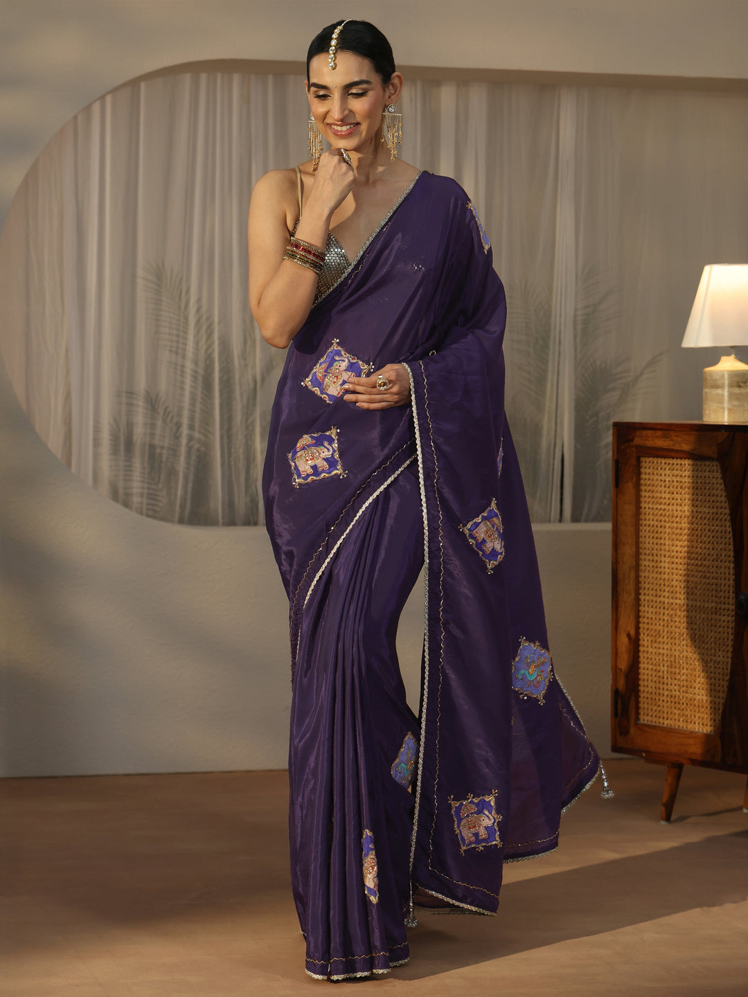 Libas Purple Satin Saree with Applique Design
