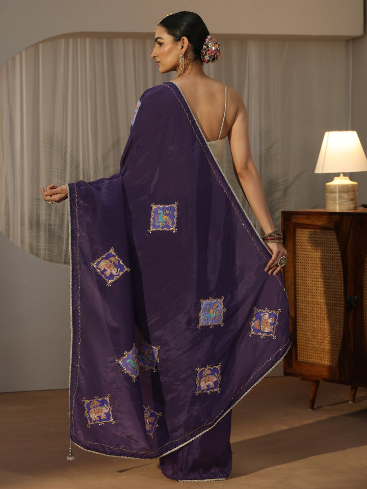 Libas Purple Satin Saree with Applique Design
