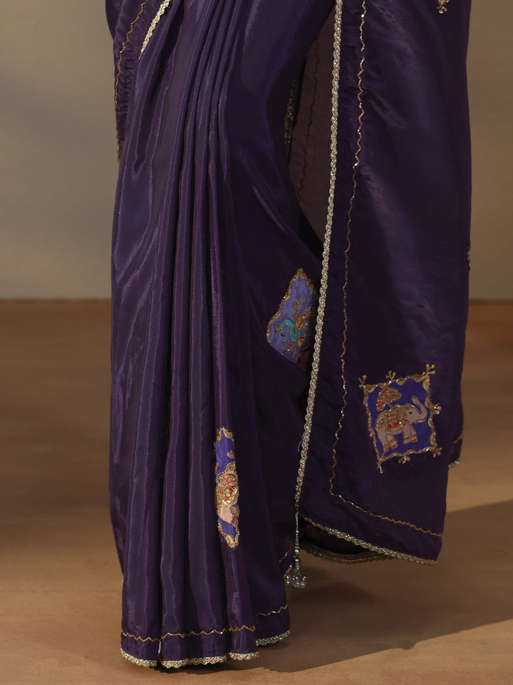 Libas Purple Satin Saree with Applique Design