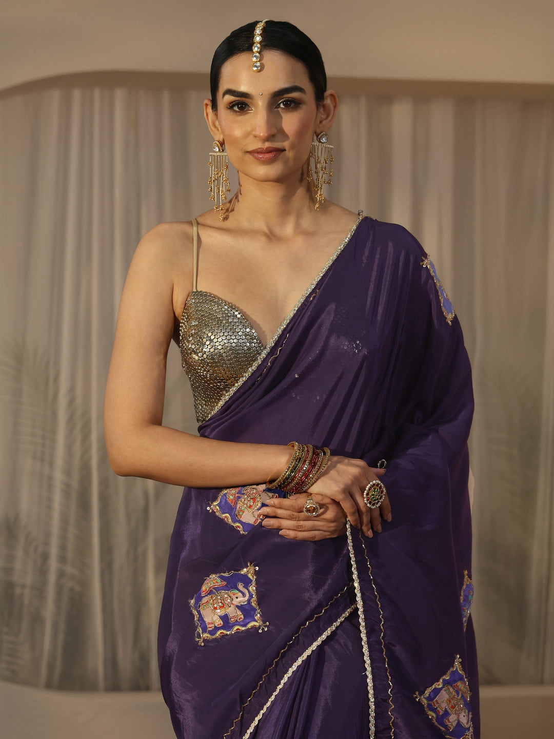Libas Purple Satin Saree with Applique Design