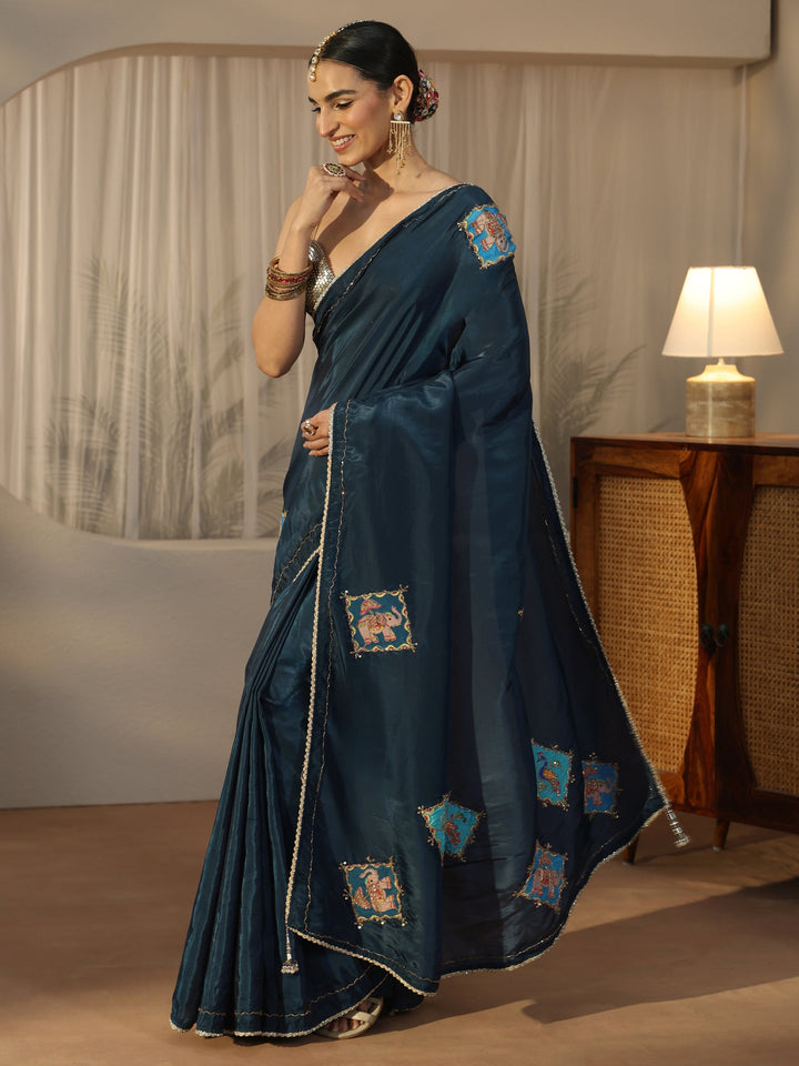 Libas Navy Blue Satin Saree with Applique Design