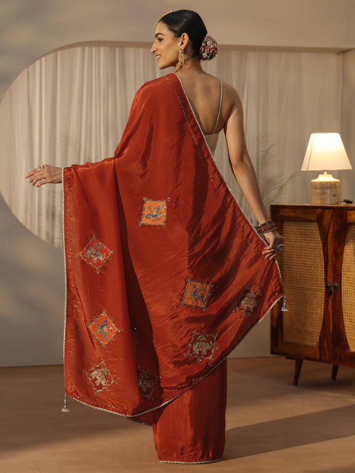 Libas Rust Brown Satin Saree with Applique Design