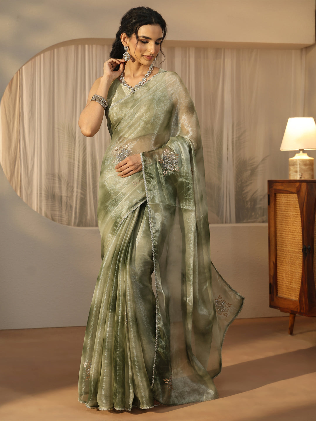 Libas Green Floral Embellished Tissue Saree