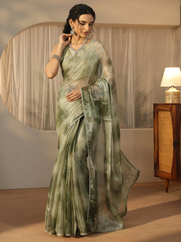 Libas Green Floral Embellished Tissue Saree