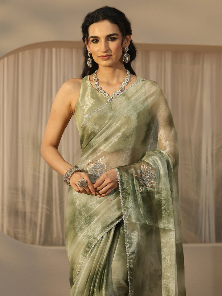Libas Green Floral Embellished Tissue Saree