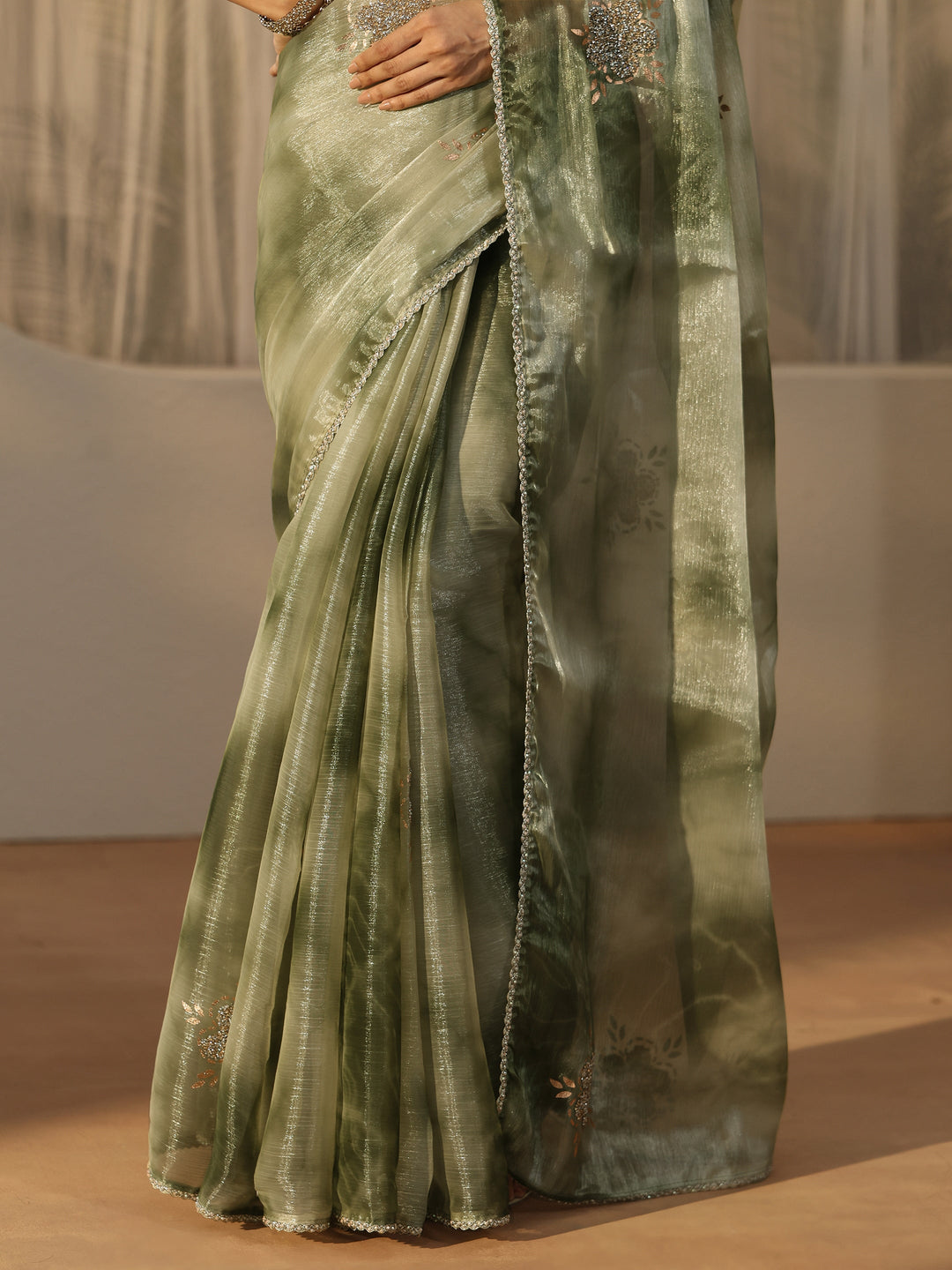 Libas Green Floral Embellished Tissue Saree