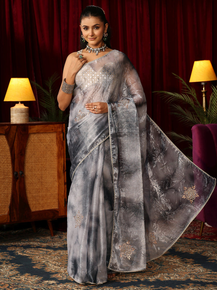Libas Grey Floral Embellished Tissue Saree