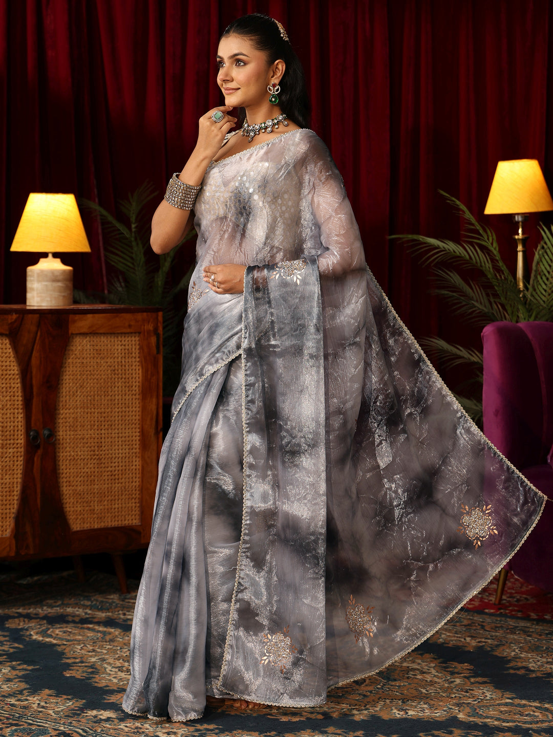 Libas Grey Floral Embellished Tissue Saree