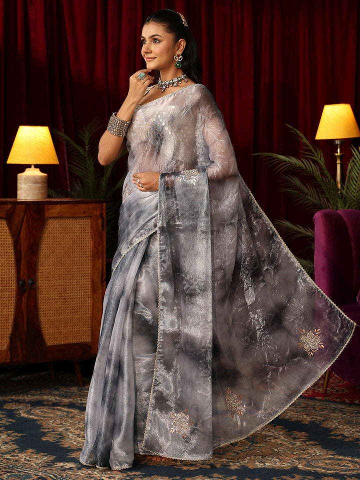 Libas Grey Floral Embellished Tissue Saree