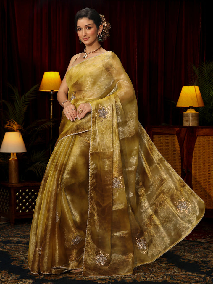 Libas Mustard Stone Work Embellished Tissue Saree