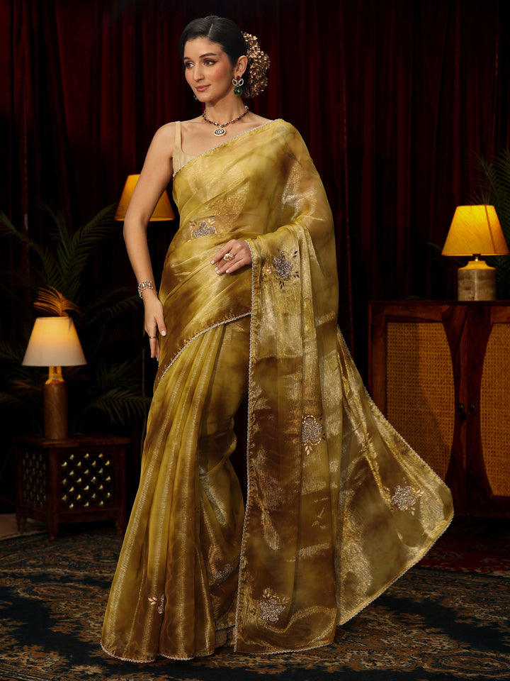Libas Mustard Stone Work Embellished Tissue Saree
