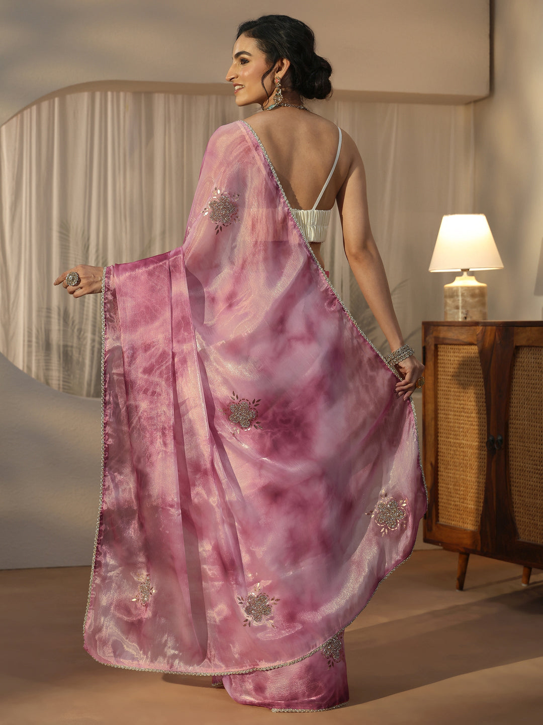 Libas Pink Floral Embellished Tissue Saree