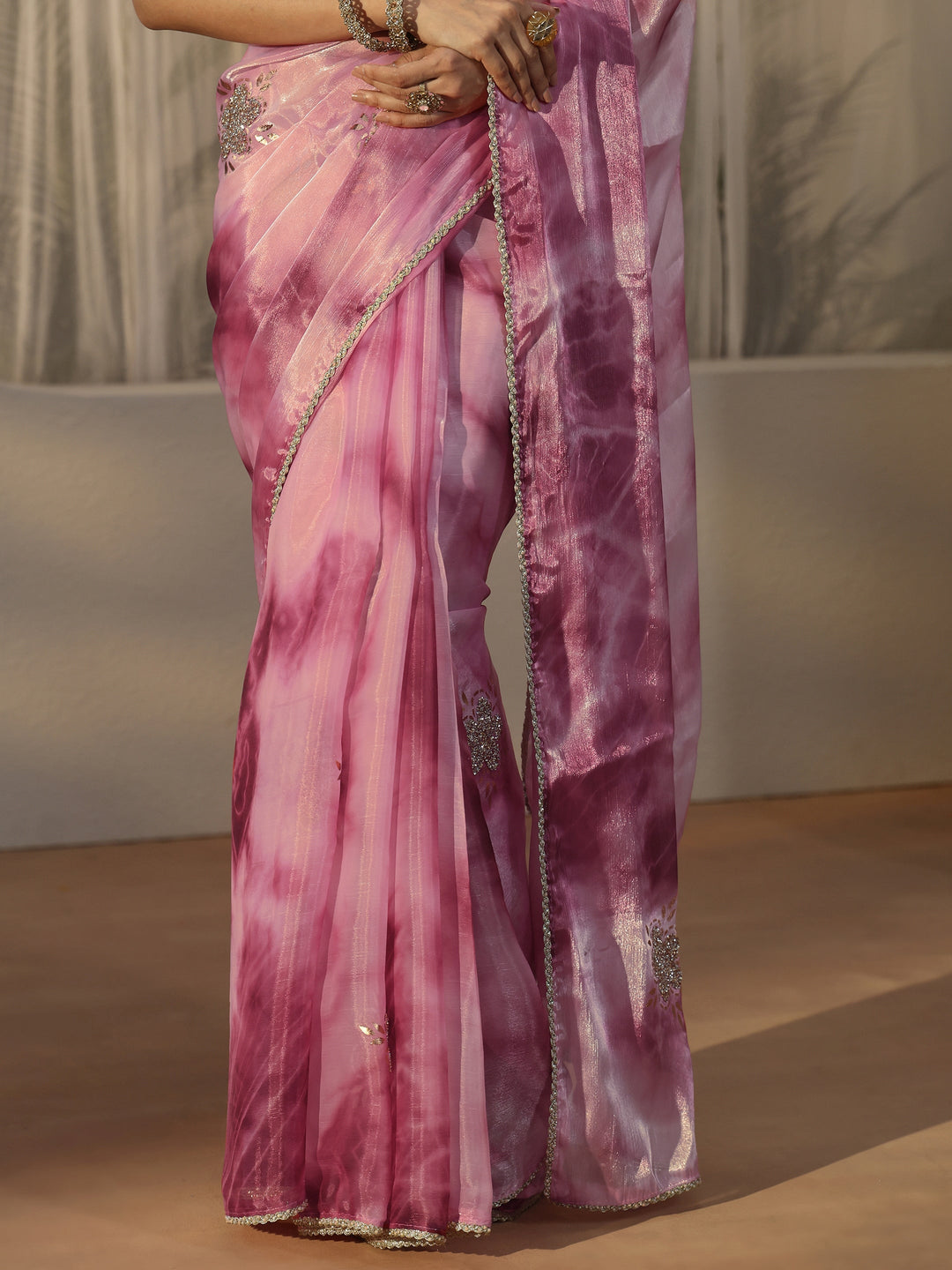 Libas Pink Floral Embellished Tissue Saree