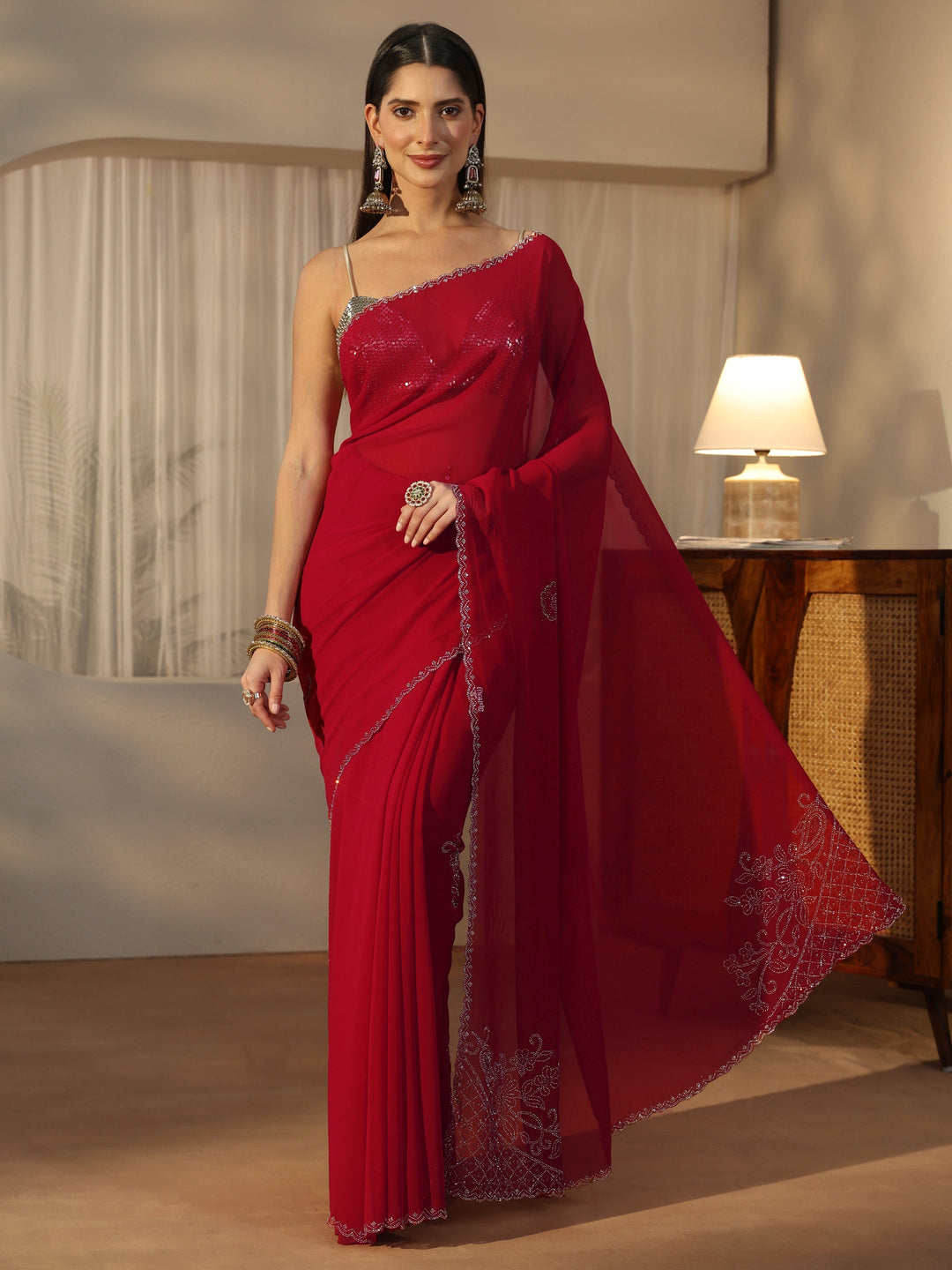Libas Crimson Red Floral Embellished Georgette Saree