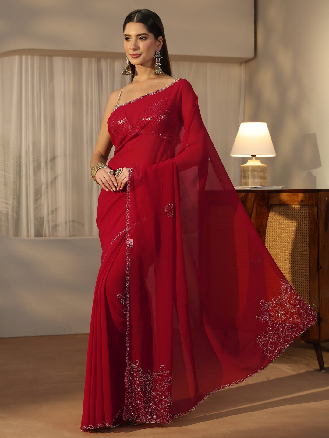 Libas Crimson Red Floral Embellished Georgette Saree