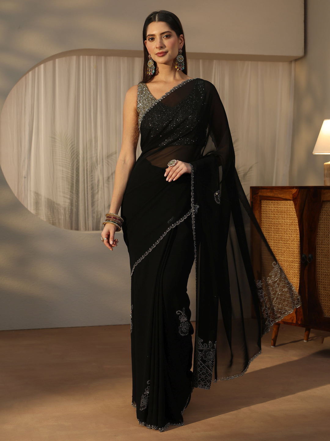 Libas Black Floral Embellished Georgette Saree