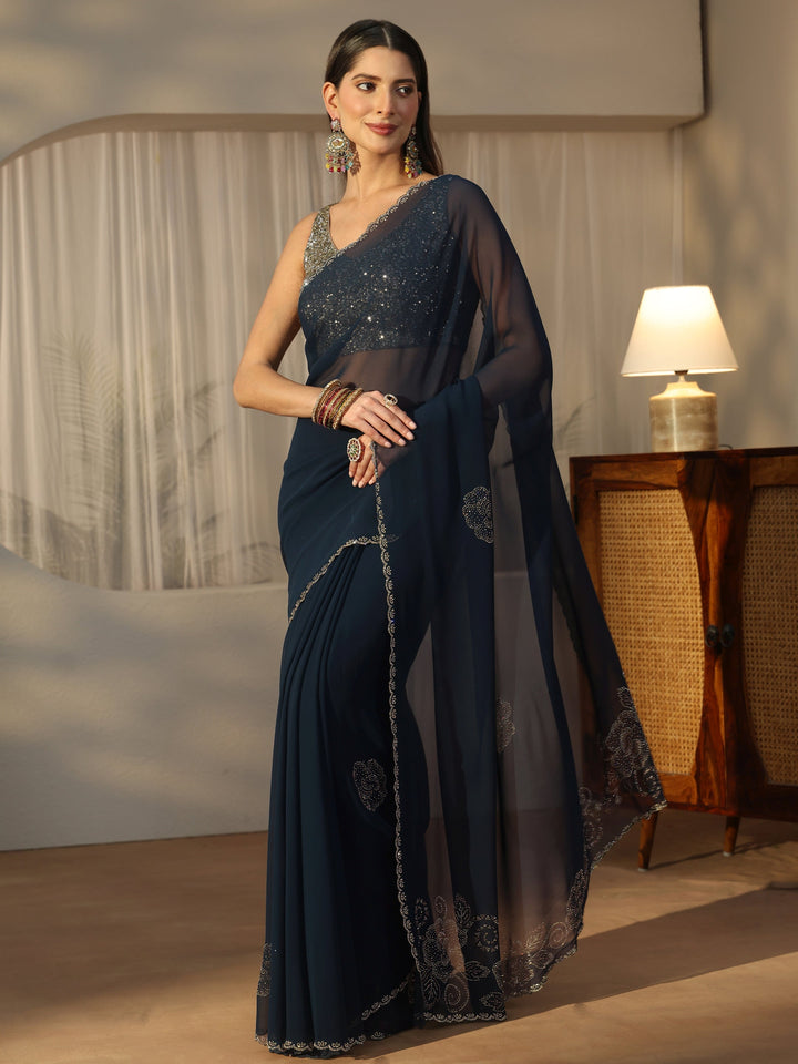 Libas Navy Blue Floral Embellished Georgette Saree