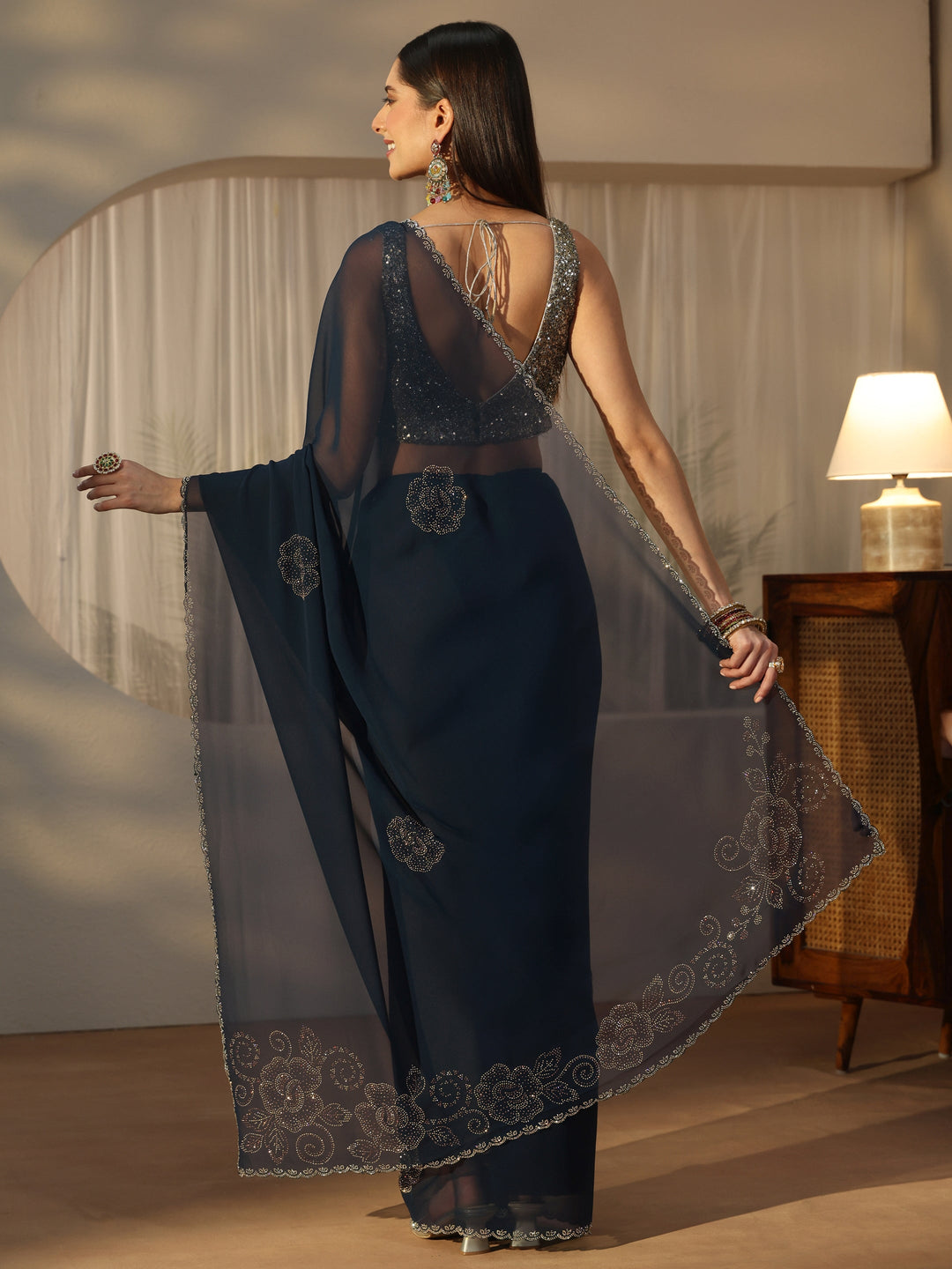 Libas Navy Blue Floral Embellished Georgette Saree