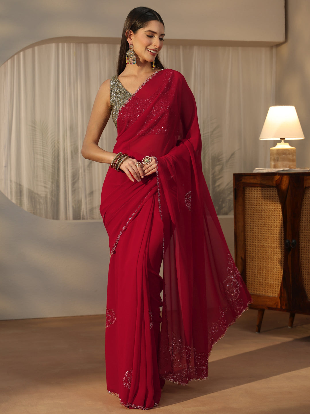 Libas Ruby Red Floral Embellished Georgette Saree