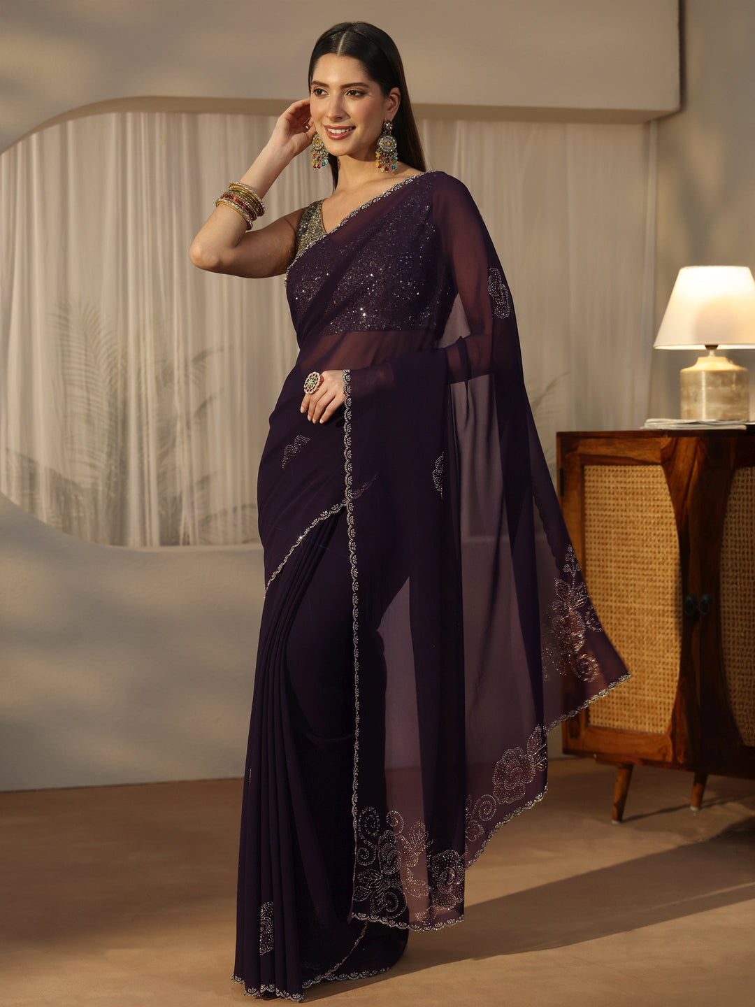 Libas Plum Purple Floral Embellished Georgette Saree