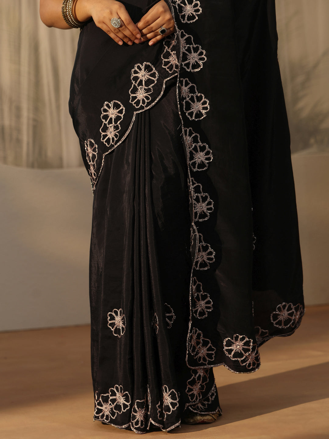 Libas Black Floral Embellished Satin Saree with Scalloped Border