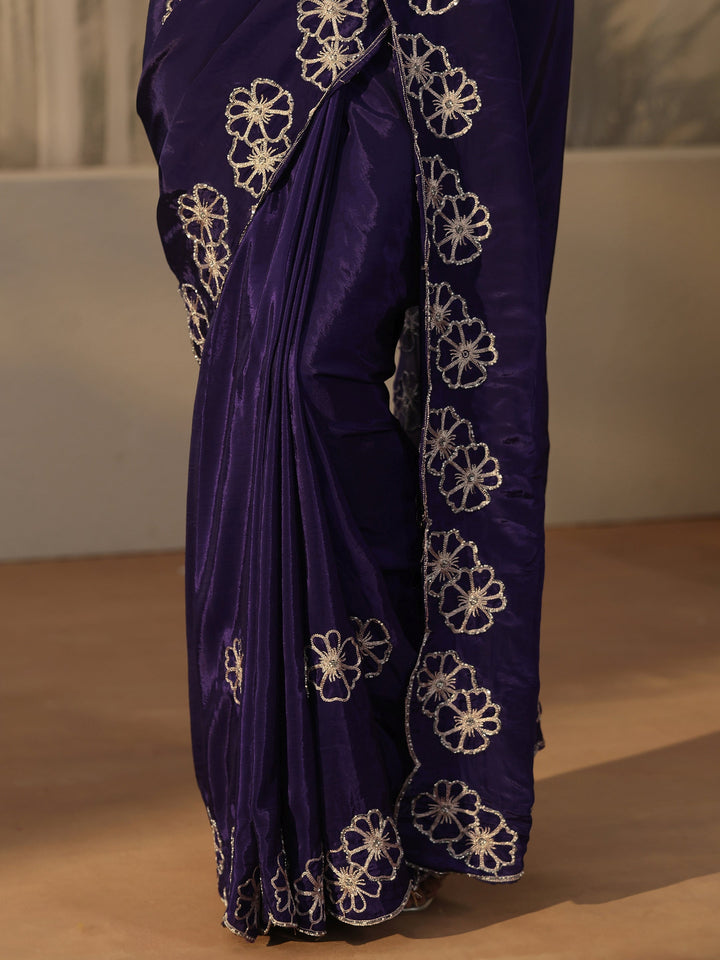 Libas Imperial Purple Floral Embellished Satin Saree with Scalloped Border