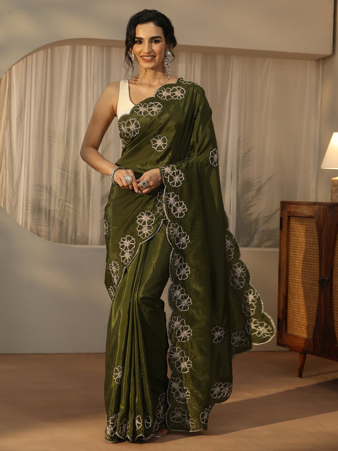 Libas Henna Green Floral Embellished Satin Saree with Scalloped Border