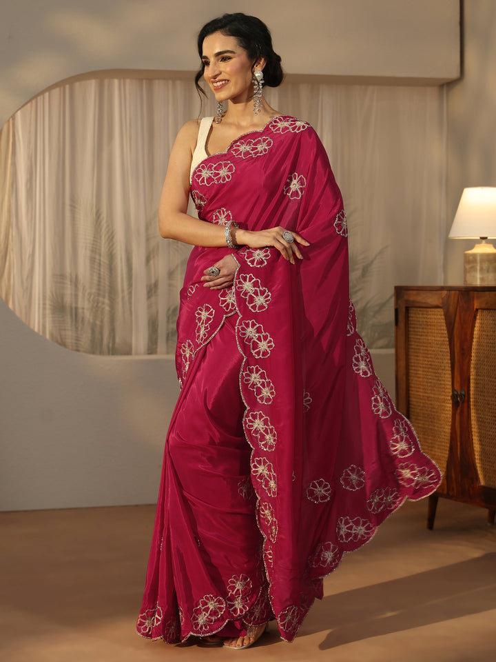 Libas Rani Pink Floral Embellished Satin Saree with Scalloped Border