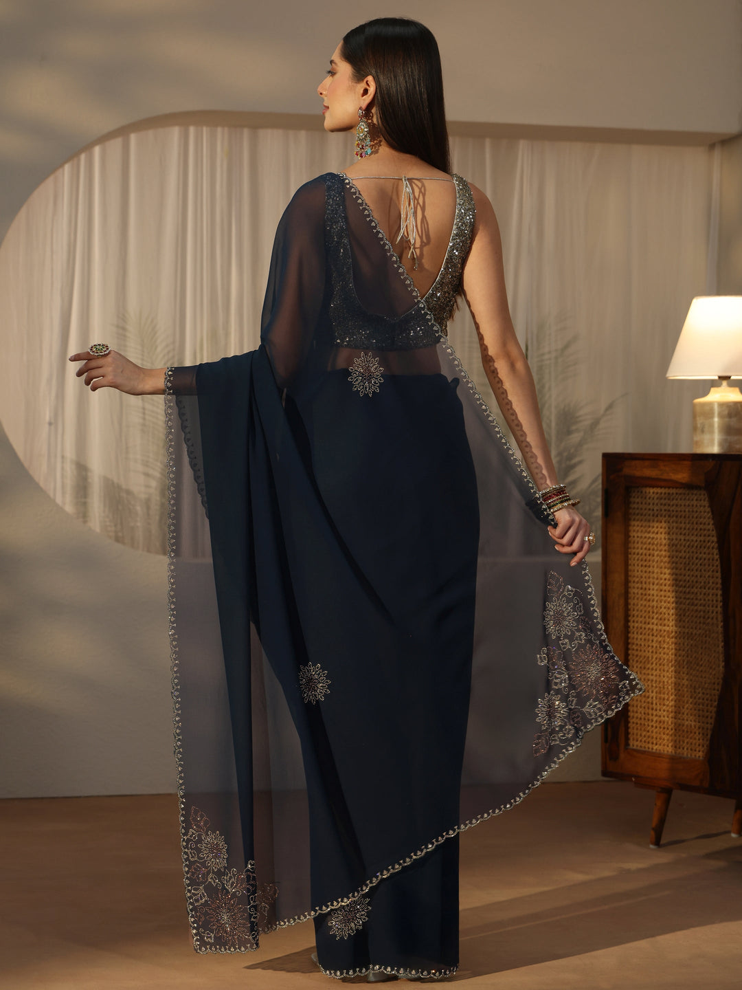 Libas Navy Blue Floral Embellished Georgette Saree