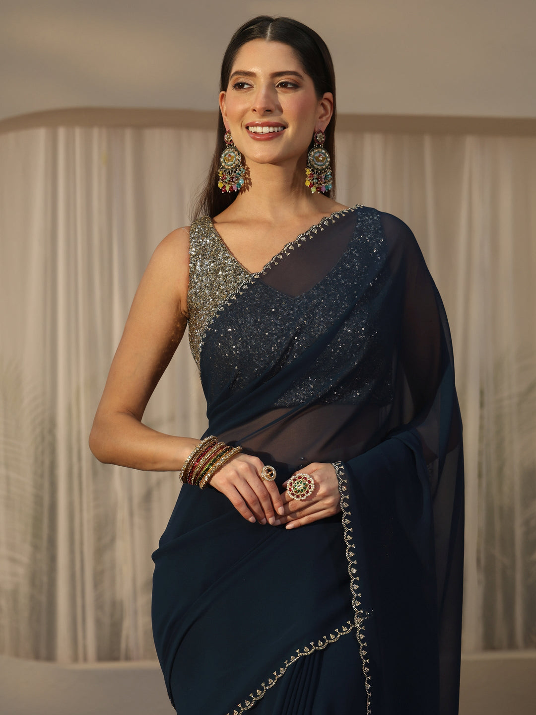Libas Navy Blue Floral Embellished Georgette Saree