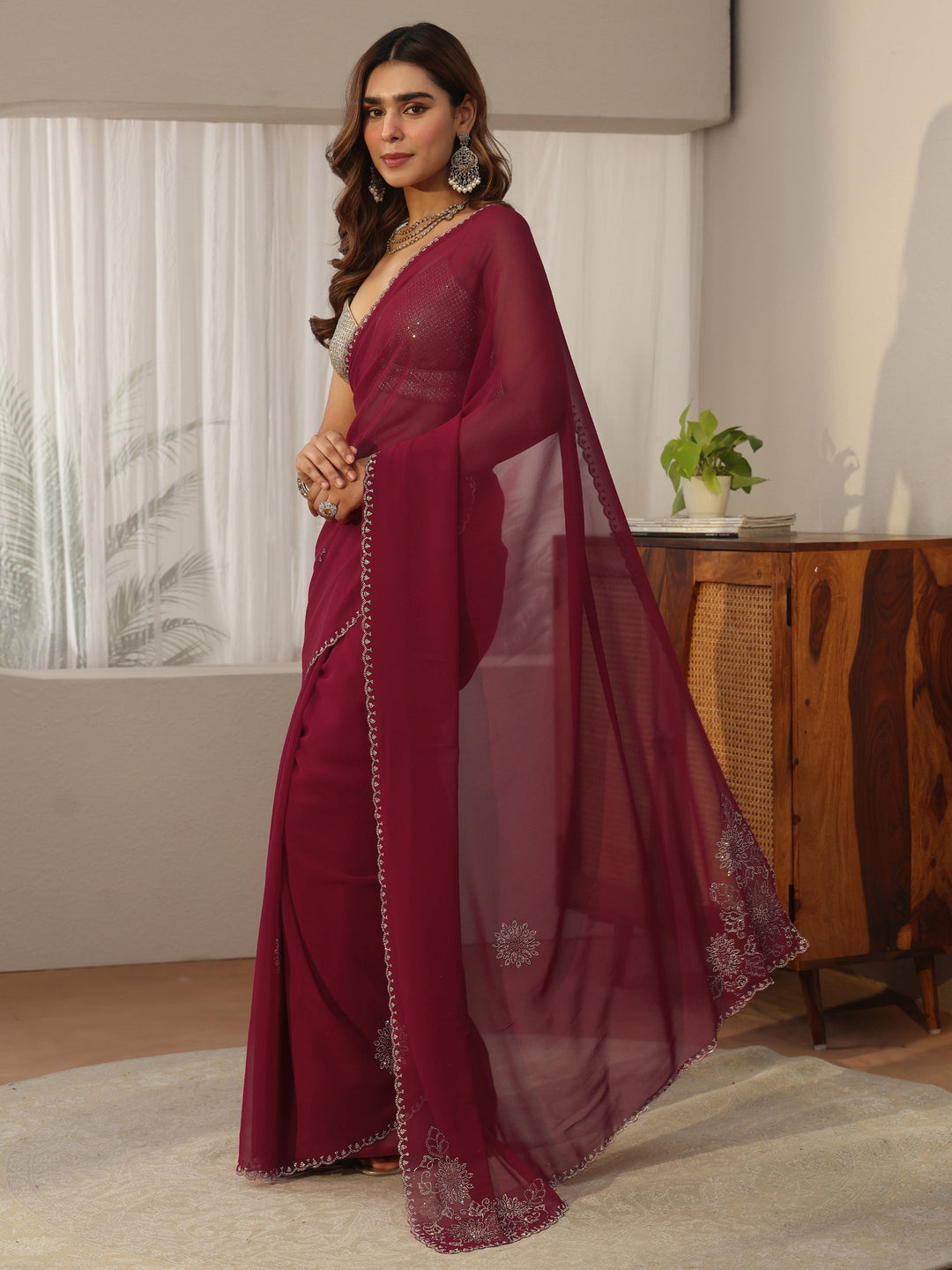 Libas Maroon Embellished Georgette Saree