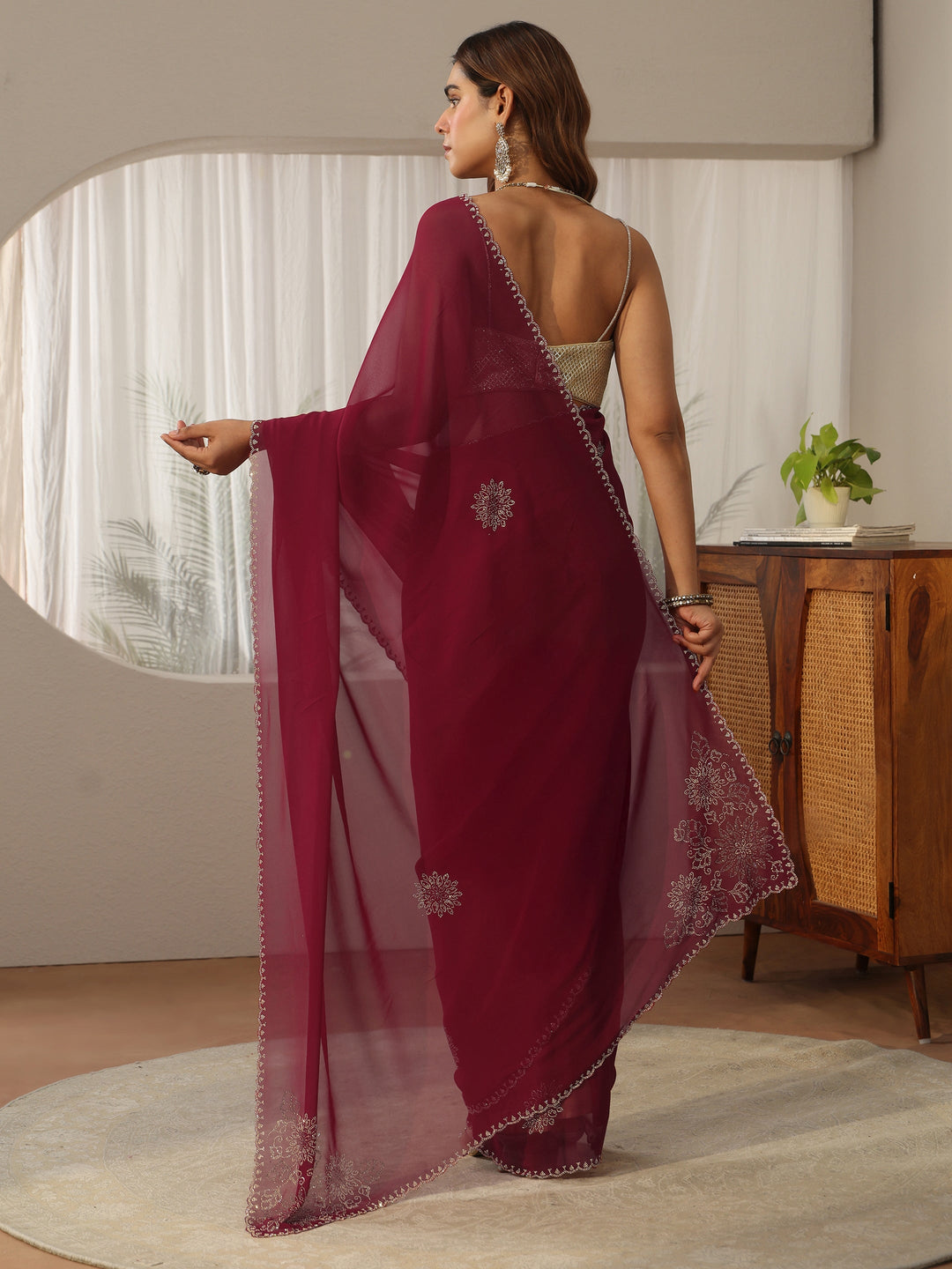 Libas Maroon Embellished Georgette Saree