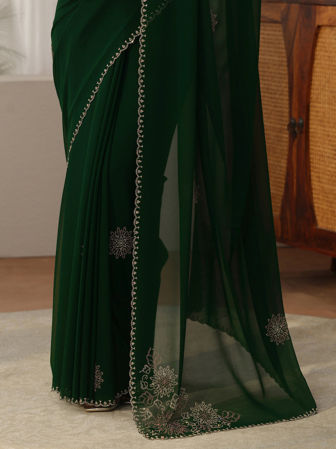 Libas Forest Green Stone Embellished Georgette Saree