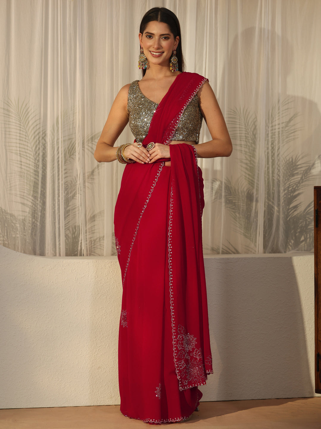 Libas Rose Red Floral Embellished Georgette Saree