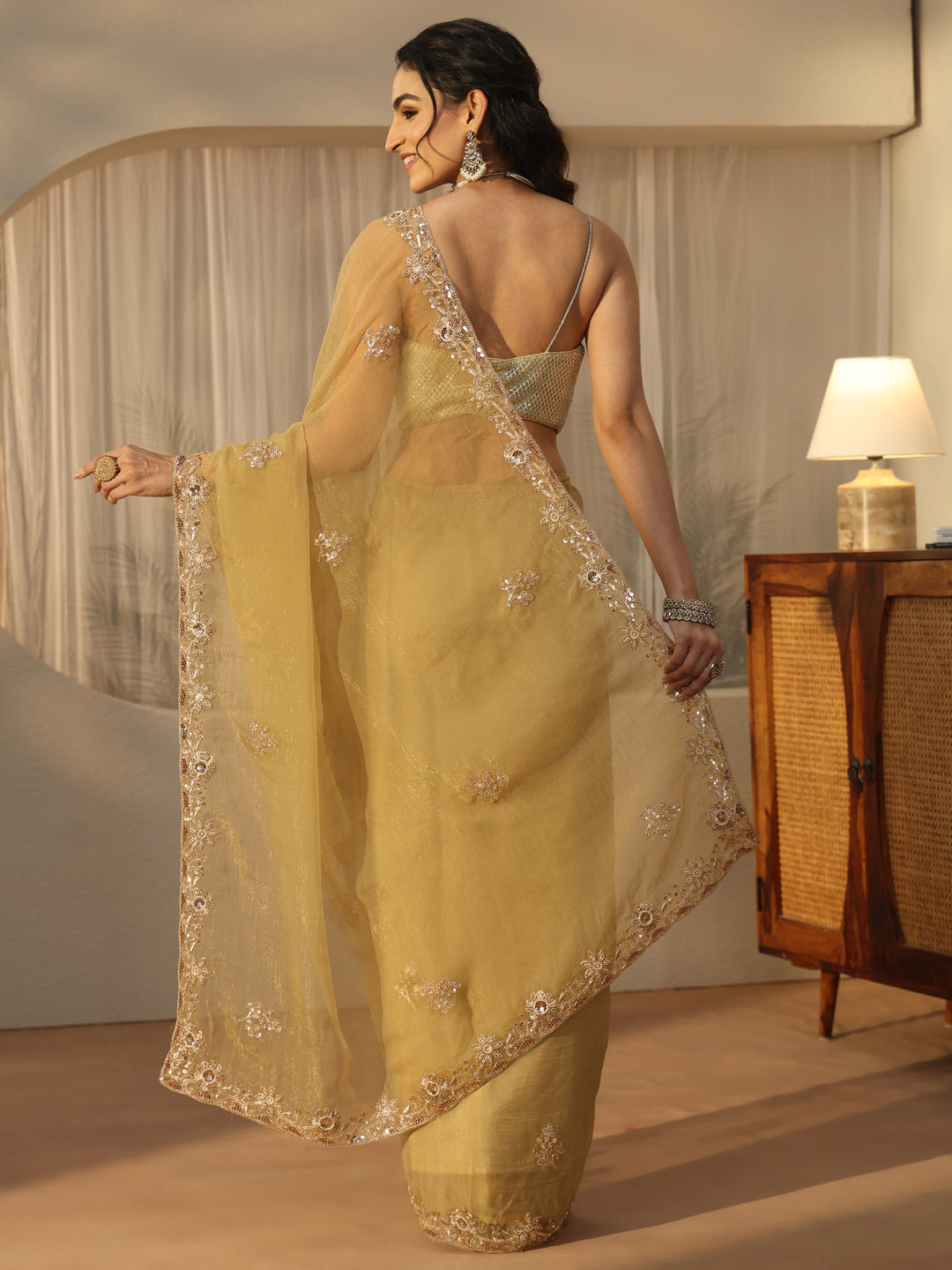 Libas Green Floral Embellished Tissue Saree