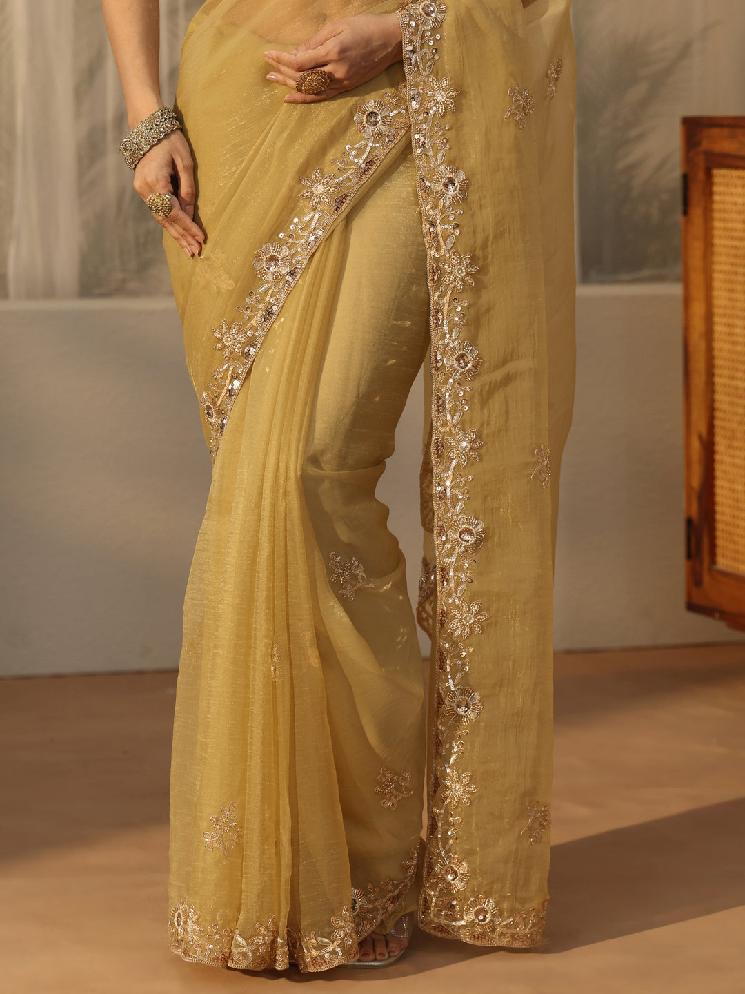 Libas Green Floral Embellished Tissue Saree