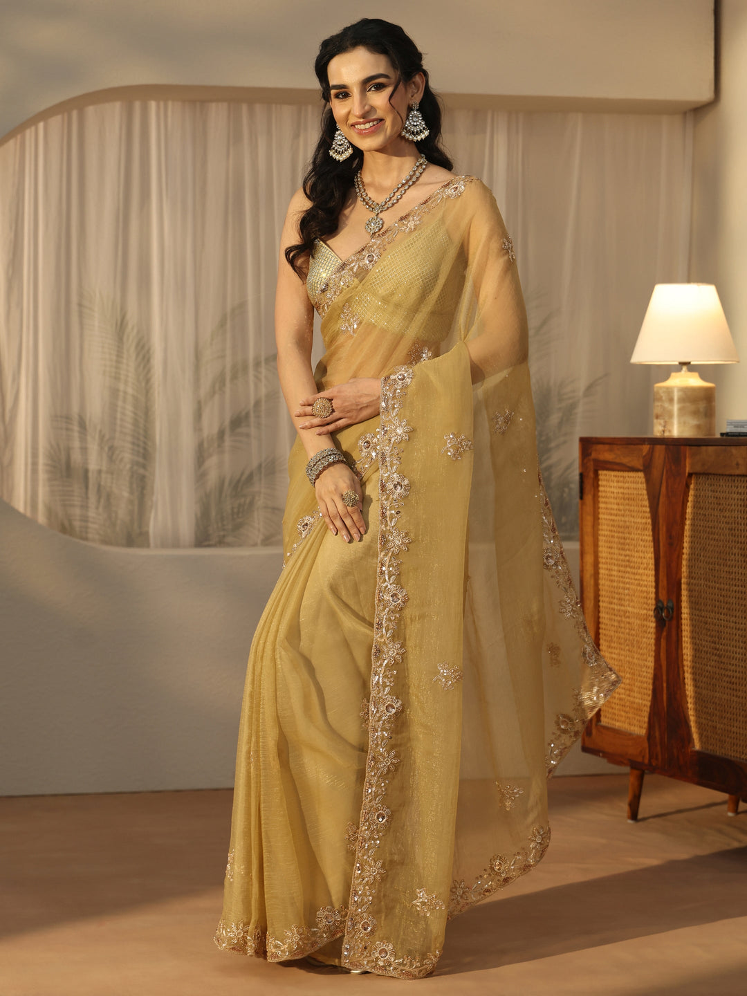Libas Green Floral Embellished Tissue Saree