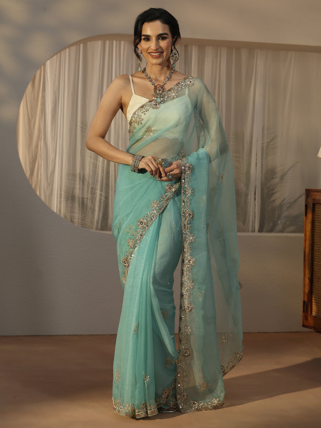 Libas Turquoise Blue Floral Embellished Tissue Saree