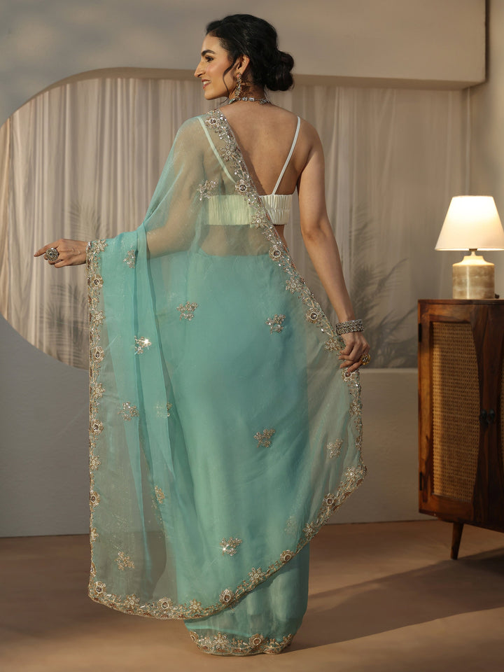 Libas Turquoise Blue Floral Embellished Tissue Saree