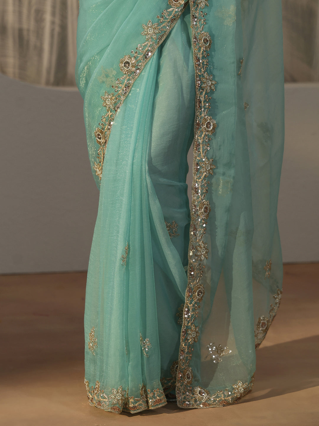 Libas Turquoise Blue Floral Embellished Tissue Saree