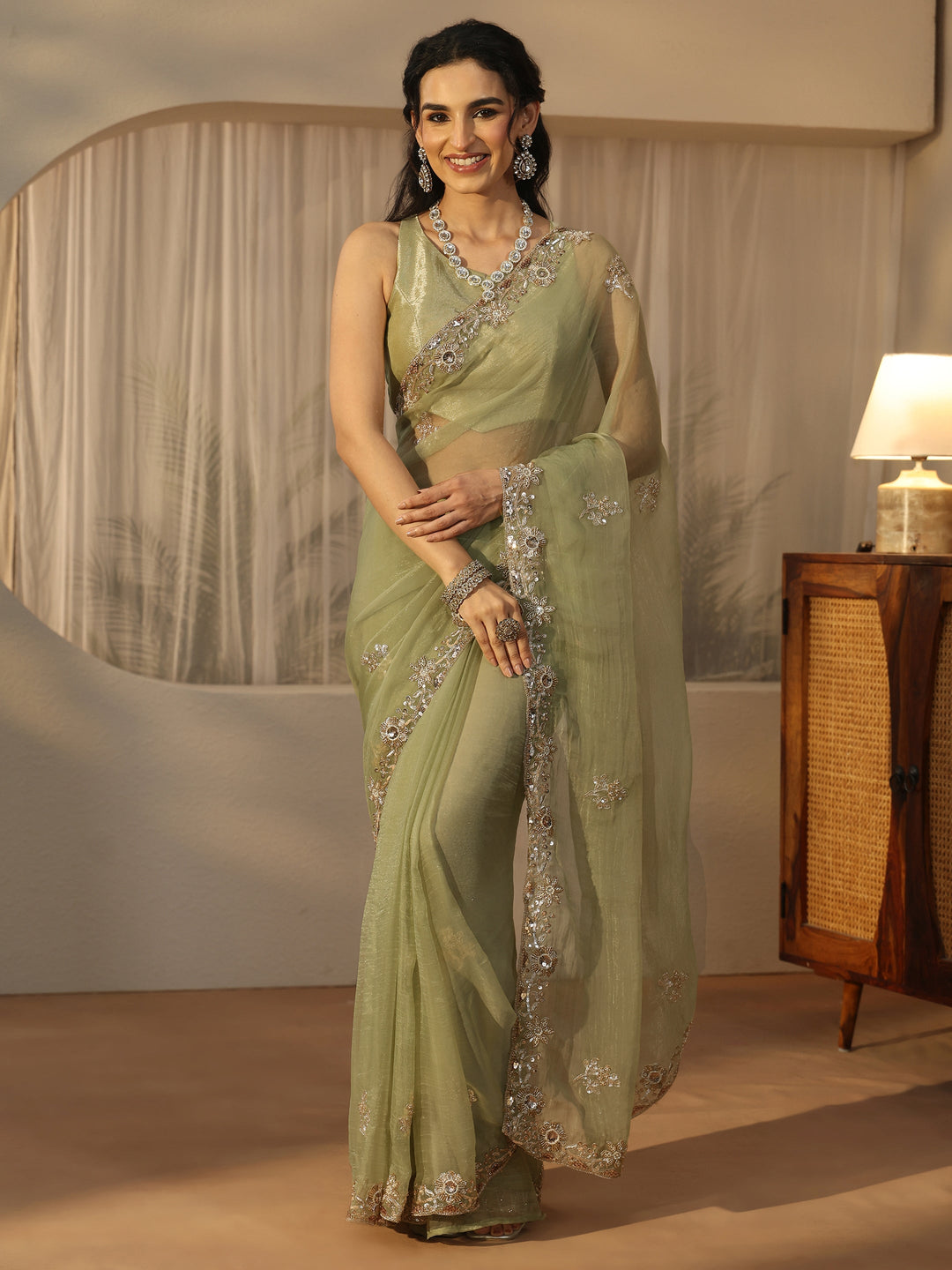 Libas Pista Green Floral Embellished Tissue Saree