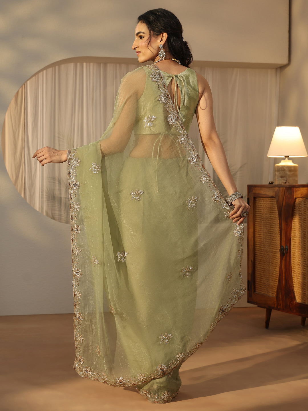 Libas Pista Green Floral Embellished Tissue Saree