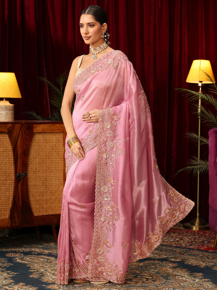 Libas Art Cerise Pink Floral Embellished Tissue Saree
