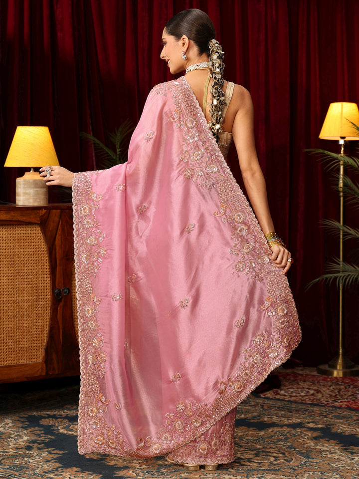 Libas Art Cerise Pink Floral Embellished Tissue Saree